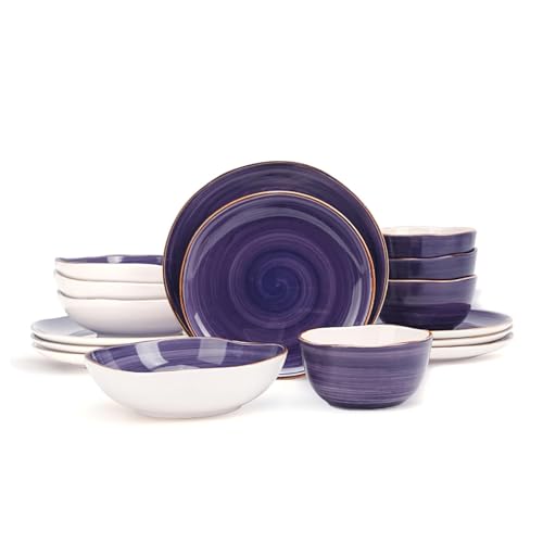 Home VSS Highland 16-Piece Dinnerware Set Service for 4 Organic Shape Stoneware Plates and Bowls Set Scratch Resistant Microwave and Dishwasher Safe Speckled Effect Handcrafted Swirl Purple
