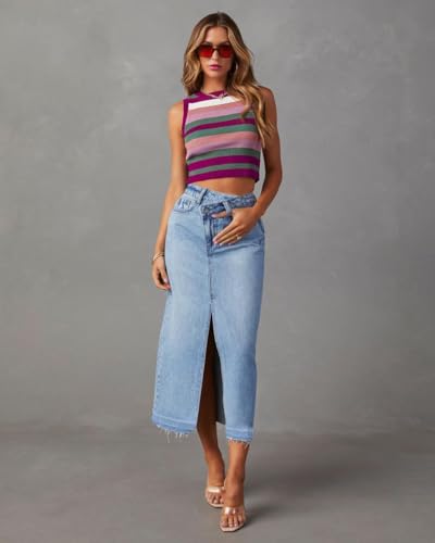 AiMgFUN Jean Skirt for Women Denim Skirt with Pockets Mid Waist Long Split Skirts4