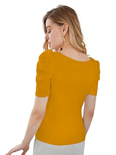 Image of Shasmi Women's & Girl's Polyester Regular Fit Square Neck Short Puff Sleeve Ruched Bust Solid Tops (Shree Top 27)