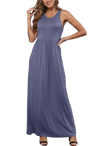 Image of EUOVMY Women's Sleeveless Dress Casual Plain Loose Summer Long Maxi Dresses with Pockets