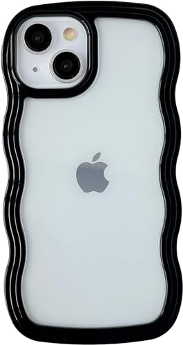 Image of MIDOS Back Cover Compatible with iPhone 15, Cute Curly Wave Frame Clear Case for Girls Women, Transparent Soft Silicone TPU Bumper Shockproof Protective Cover for iPhone 15 (Black)