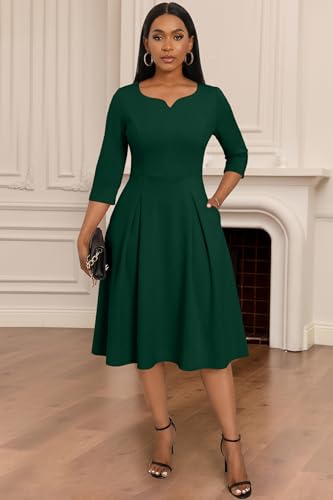 Image of Nmoder Fit-and-Flare Midi Dress V-Notch Neck Casual Dress Side Pockets | V-notch neckline;A-line swing silhouette; Soft breathable fabric; Perfect for church wedding guest work daily wear