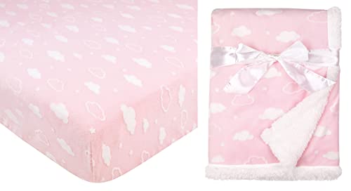Image of American Baby Company Heavenly Soft 2 Piece Chenille/Sherpa Crib Sheet & Blanket Set for Girls, 3D Cloud Pink