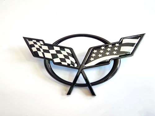 Image of 1Pc Corvette C5 Front Nose Cross Flags Emblem 3D Badge Nameplate Sticker Decal 19207384 Fit for 1997-2001 Corvette Crossed Flags (Front - w /Alignment Pins) (US Flag-Black)