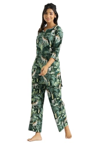 Image of LookMark Women's Viscose Rayon Printed Stitched Kurta with Pant | Green Color Kurta Set | Kurta with Pant Set for Woman | Printed Kurta Set