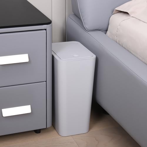 Image of TIPGO Bathroom Trash Can with Lid, 10 Liter / 2.6 Gallon Slim Garbage Can, Small Trash Bin Waste Basket with Pop-Up Lid for Kitchen, Bedroom, Living Room, Office (Grey)