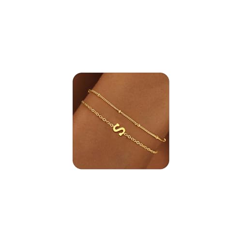 BAYLAY Gold Initial Bracelet for Women Trendy Jewelry - 18K Gold Plated Layered Letter Bracelet Dainty Gold Initial Charm Bracelet for Women Jewelry Gifts