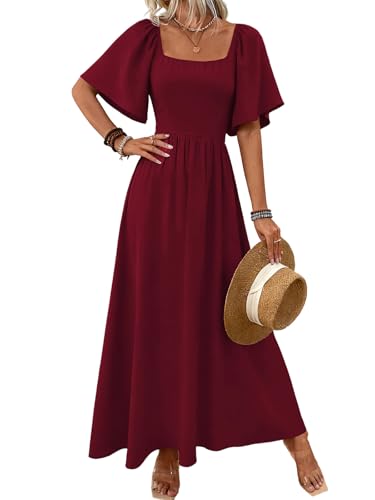 LIAMERHE Robe Longue Femme Été Élégante Col Carré Manches Volantes Chic Robes Maxi Ligne A Manches Courtes Taille Haute Fluide Style Bohème Robe de Plage...