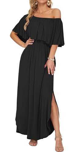 Image of AUSELILY Womens Off Shoulder Ruffle Split Summer Maxi Dresses with Pockets | Off-shoulder Ruffle dress with empire waist & side split for summer beach and casual parties
