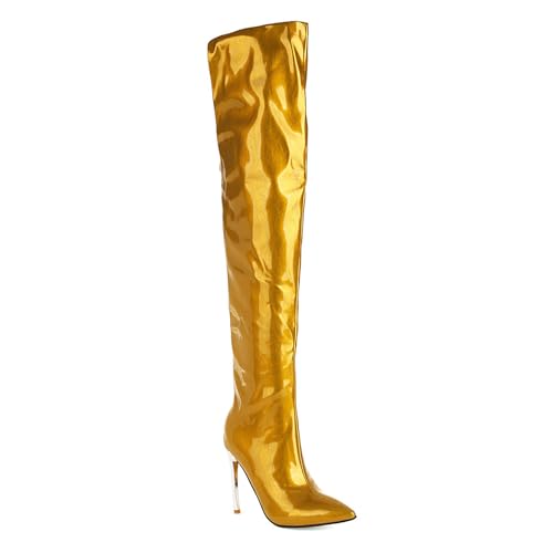 Rock88 Botas Altas hasta el Muslo para Mujer,Botas de Tacón de Aguja con Punta Puntiaguda y Cremallera Trasera,Botas Largas para Fiestas y Vida Diaria,Yellow,39