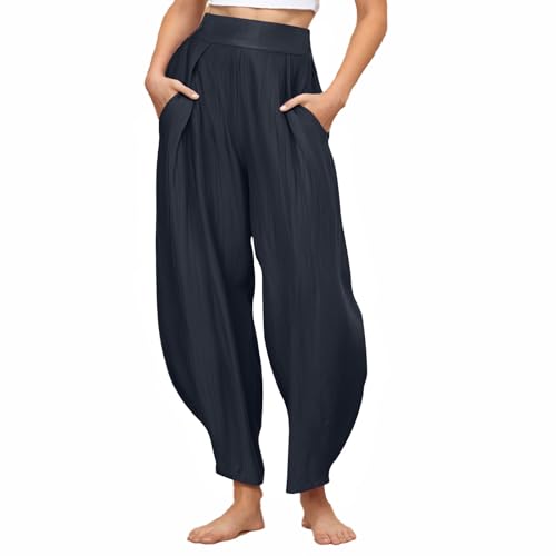 Harem Pants Women with Pockets Summer Casual Pants Elastic High Waisted Trousers Lightweight Comfy Vacation Pants