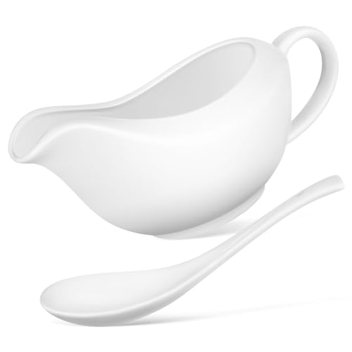 FUNOMOCYA Steak Gravy Bucket White Gravy Boat with Saucer Asian Sauce Boat Dipper Gravy Dish Spoons Gravy Boat with Lid Thanksgiving Gravy Boat Cute Gravy Boat Pan Bowl Tin Ceramics