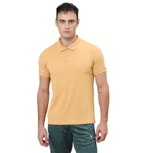 Image of TECHNOSPORT Men's Solid Slim Fit Polo Collar T-Shirt TECHNOCOOL+ Half Sleeve Button Polyester for Gym Running Workout UPF50+ Anti Odour