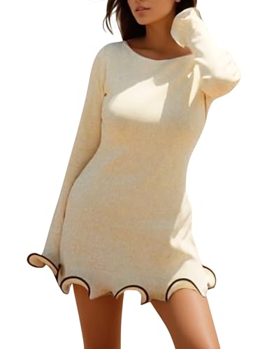 Image of ISZPLUSH Women's Sexy Bodycon Ruffle Hem Knit Dress Crew Neck Long Sleeve Slim Club Party Mini Dress