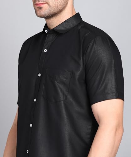 Image of MILDIN Men's Cotton Blend Solid Shirt with Spread Collared Half Sleeve Curved Hemline Button Closure Regular Fit and One Pocket | Half Sleeve Shirt for Men