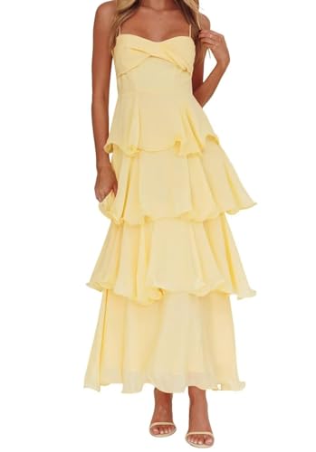 zoteno Womens' Tiered Bridesmaid Dresses Long Yellow Square Neck Cocktail Gowns with Ruffles Chiffon Beach Formal Maxi Evening Dress US Size 8