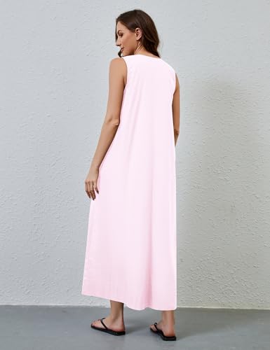 Image of MISSACTIVER Women's Sleeveless Maxi Dress Scoop Neck Ruched Long Dress with Side Pockets Wide Shoulder Elegant Blouse Dresses