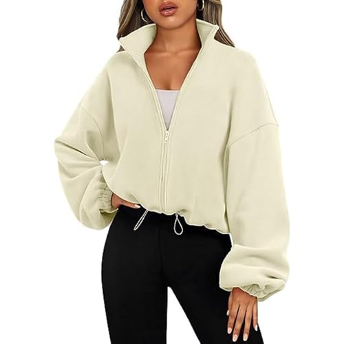 JUYAXIN Sudadera corta con capucha de forro polar con cremallera completa, manga larga, cuello alto, chaqueta corta con cordón, dobladillo para exteriores, manga larga, cuello alto, blanco, XL