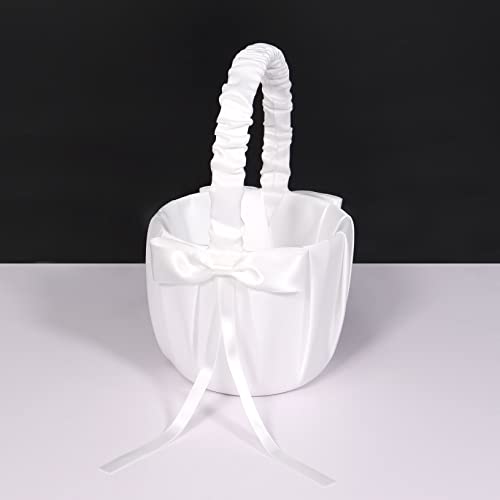 White Flower Girl Basket Wedding,Satin Flower Basket Wedding Party for Flower Girl - Image 4
