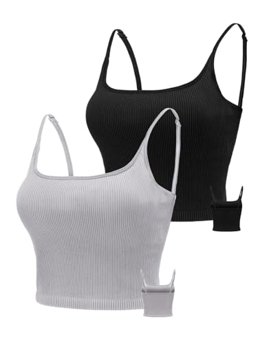 Image of Chilylori Seamless Sports Bra Cropped Tank Top with Adjustable Strap 2 Pack | Workout Tops Ribbed Sports Bra for Women Wireless Longline Crop Tank Padded Comfortable Brami
