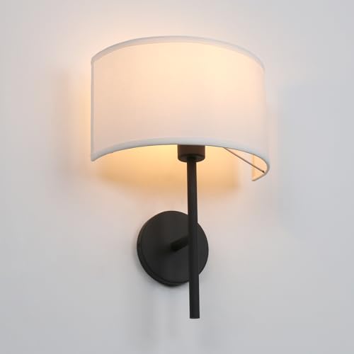 Image of Yosoan Fabric Wall Sconce Brass Vintage Indoor Bedside Wall Lamp Fixture | Industrial Hardwired Boho Semi Circular with White Half Moon Shade for Reading Bedroom Living Room(Black)