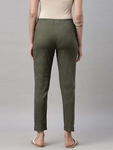 Image of MINELLI Women Solid Cigar Pants, Cotton Lycra Slub Fabric, Elasticated Waistband, Pull On Style, Regular Fit Bottom Wear for Western and Ethnic Wear