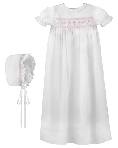 White Christening Gown Hand Smocked Yoke with Cross Detail and Short Sleeves + Bonnet