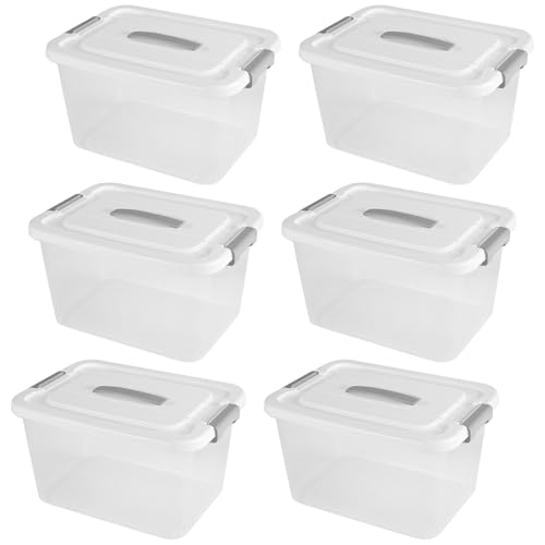 CHUEHKAK 6 cajas de almacenamiento con tapa, asa, 35 x 25 x 20 cm, cajas de plástico, cajas apilables con sistema de almacenamiento, para el hogar, manualidades, oficina