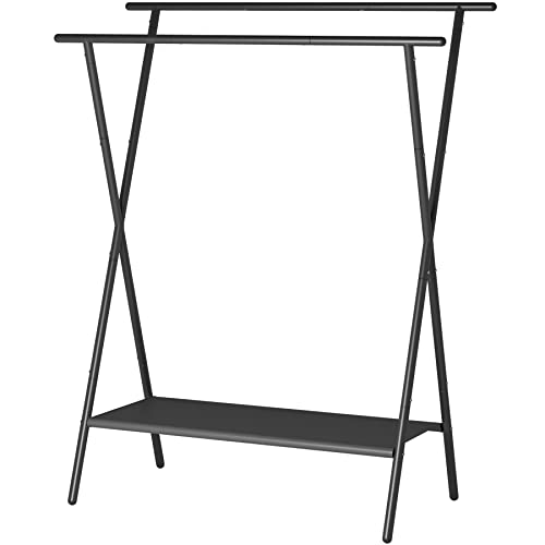 Laiensia Double Rods Clothing Racks For Hanging Clothes,Portable Clothing Hanging Garment Rack With Bottom Oxford Cloth Shelves,Black #TOP1
