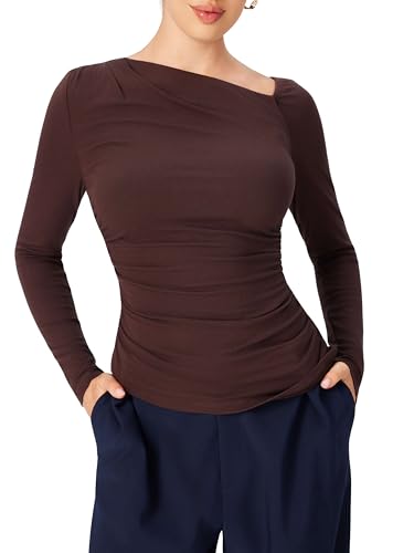 CIDER Off The Shoulder Tops for Women Long Sleeve Shirts Asymmetrical Neck Ruched Going Out Tops Y2K Slim Fit Fall Top4