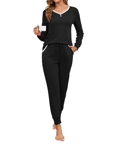 Namatime Schlafanzug Damen Lang Pyjama Baumwolle Zweiteiliger Nachtwäsche mit Spitze Pyjama Set Wram Sleepwear und Pyjamahose für Winter Schwarz XXL