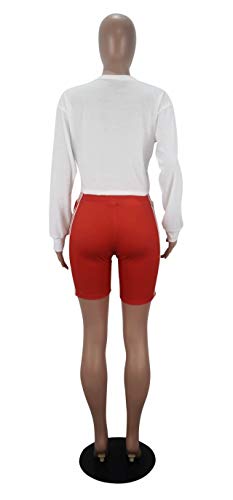 Women    2 Piece Outfits Romper Long Sleeve Letter Print Shirts + High Waist Biker Shorts Tracksuit Set Red Red S