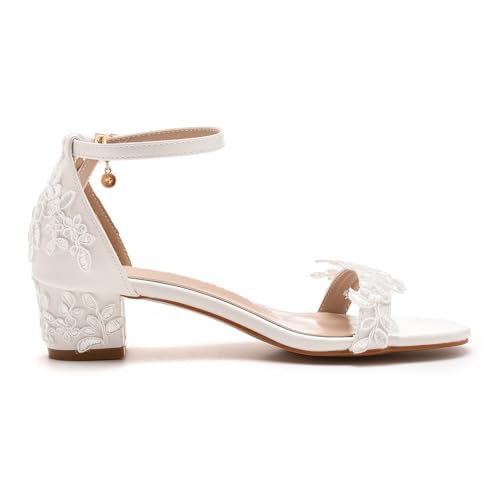 Bridal Shoes Low Heel Women's Leather Peep Toe Sandals 1.8 Inch Short White Heels Wedding Party Evening Casual Low Heels for Women Applique Bridal Sandals for Wedding4