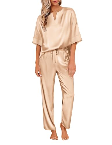 Image of Ekouaer Satin Pajama Set Womens Silk Short Sleeve V Neck Shirt with Long Pant Soft Loungewear Pjs Set