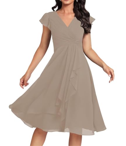 Robe de demoiselle d'honneur en mousseline de soie avec poches pour femme - Robe de cocktail plissée - Grande taille, taupe, 60 Grande taille