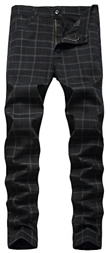 Image of FEOYA Men's Plaid Chinos Dress Chino Trousers Slim Fit Suit Pants Stretch Straight Leg Trousers Fitted Cotton Checked Pants Zip Fly Casual Check Tartan Trouser Spring Autumn 01 Black 36 Inch Waist