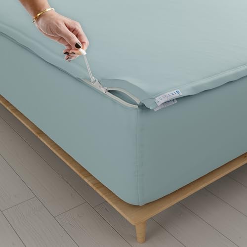 Image of QuickZip Fitted Plus Spare Bundle: 1 Fitted Sheet (Base + Zip Sheet) & 1 Zip Sheet - Easy to Change, Won't Pop Off - Soft Sateen 400 TC 100% Cotton - 13.5 inch Deep Pockets RV Queen Size - Dusty Blue