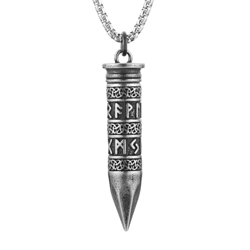 HZMAN Bullet Cremation Urn Necklace for Ashes Stainless Steel Viking Runes Memorial Pendant for Men Keepsake Jewelry