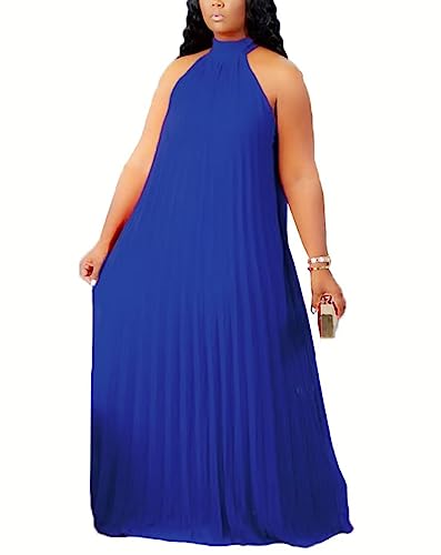 Image of Aro Lora Womens Casual Sleeveless Plus Size Chiffon Halter Neck Pleated Loose Long Maxi Dress