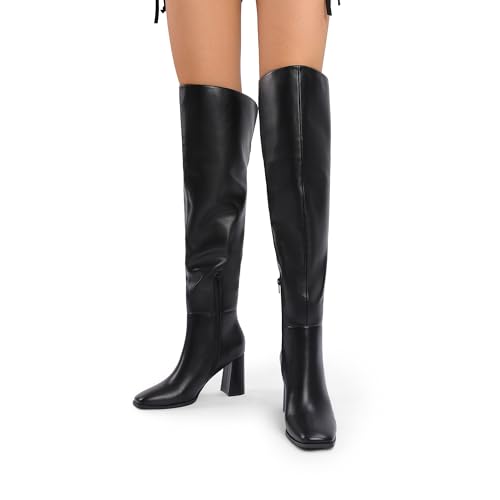 DREAM PAIRS Women's Tall Over the Knee Boots Thigh High Fall Block Chunky Heeled Knee High Long Boots with Fashion Square Toe and Side Zipper,Size 7.5,Black,DWUMOB2515