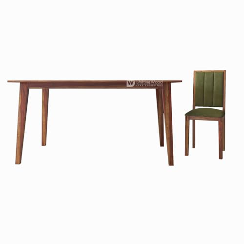 Image of DRIFTINGWOOD Tiya Dining Table 6 Seater | Six Seater Dinning Table with 6 Chairs in Green Cushions for Home | Rosewood, Honey Finish, Self Assembly(DIY)