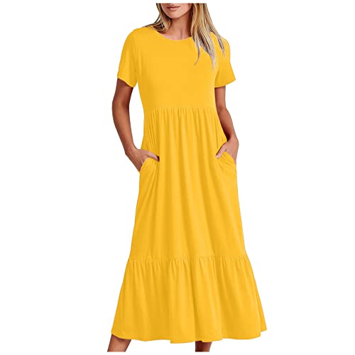 IEPOFG Casual Summer Dresses for Women Cute Short Sleeve Crewneck Flowy A-Line Bodycon with Pocket Going Out Work Dresses Yellow