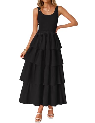 ZESICA Women's 2026 Summer Boho Sleeveless Midi Dress Scoop Neck Ruffle Tiered Layered Swing Long Beach Vacation Dresses,Black,Small