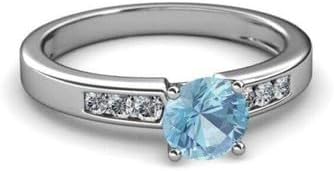 Jewels by Parijaat 1.20 Cttw Round Cut Created Blue Aquamarine and White Diamond Prong Set Wedding Engagement Ring In 14K White Gold Over 925 Sterling Silver - Image 2