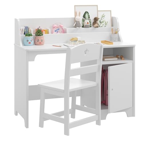 CherishCradle Escritorio Infantil con Silla de Madera con Estantes y Taquilla, Escritorio Infantil con Silla de Madera, Mesa de Aprendizaje Multifuncional para Niños y Niñas de 3+ Años