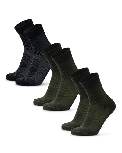 DANISH ENDURANCE Calcetines Antiampollas Senderismo de Lana Merino Ligeros, 3 Pack, MC (1x Negro, 2x Verde Oliva), 39-42