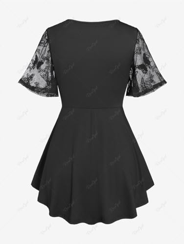 Rosegal Plus Size Womens V Neck Butterfly Lace Overlay Lace-up 2 in 1 Blouse Short Flutter Sleeve Flowy Top2