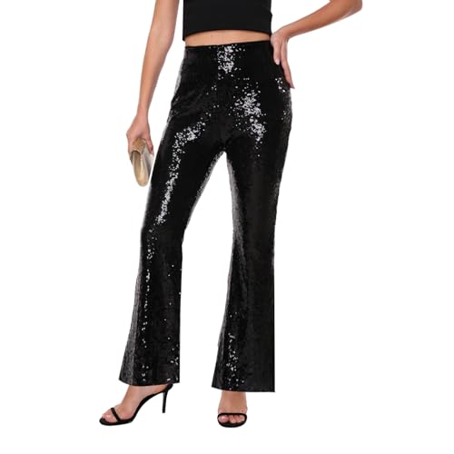 Women’s Sequin Pants Glitter Bell Bottoms Casual High Waist Wide Leg Flare Trousers Party Disco Clubwear4