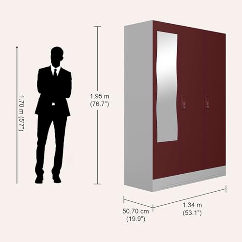 Image of Interio by Godrej Almirah Slimline 3-Door Steel Almirah, Cupboard for Clothes (Russet), 1-Year Warranty, 7 Shelves, 1 Locker, Curvilinear Mirror