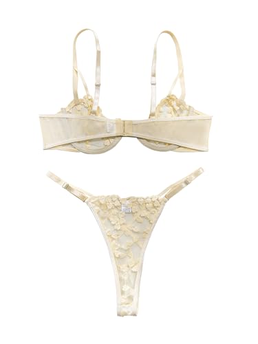 Image of Lilosy Sexy Underwire Cute Push Up Strappy Embroidered Mesh Sheer Lingerie Set See Through Panty Bra